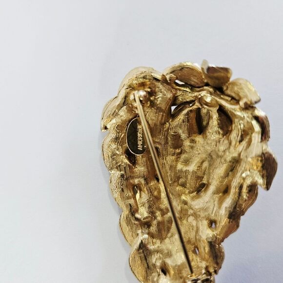 Amerique Vintage '50s Signed Brushed Gold Tone Double Leaf Rhinestone Brooch Pin - Picture 6 of 8